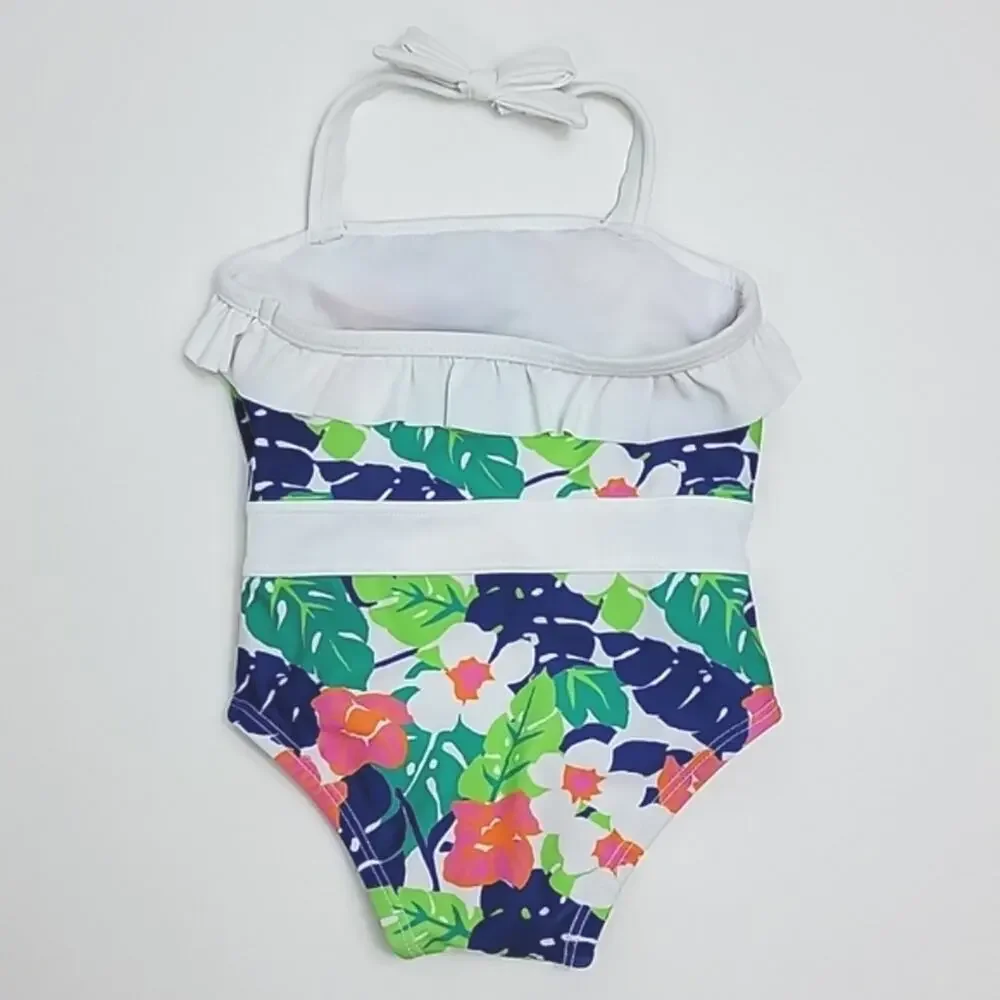 Janie and‎ Jack Tropical Print Ruffled One Piece Swimsuit Green Pink 6-12 Months